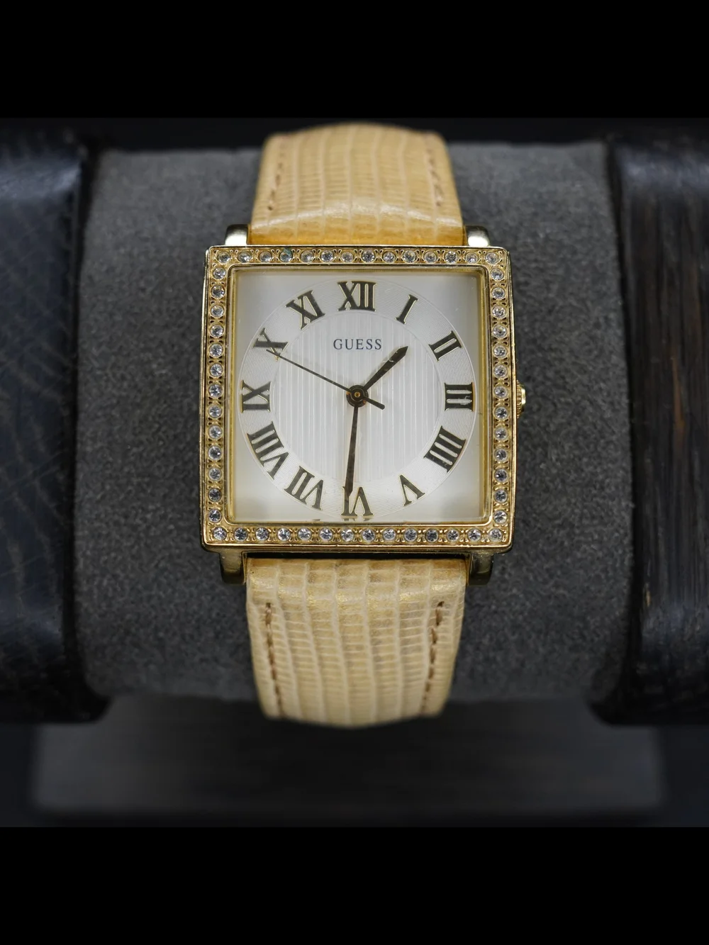 GUESS Women’s Gold-Tone Square Rhinestone Bezel Roman Numeral Quartz Beige Strap